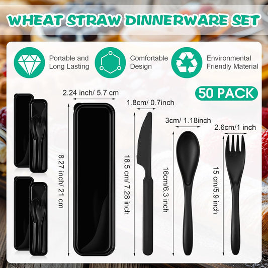 Jinei 50 Sets Reusable Travel Utensils Set with Case Wheat Straw Cutlery Portable Spoon Knife Forks Lunch Box Accessories Friendly Tableware for Kids Adults Camping Utensils(Bright)