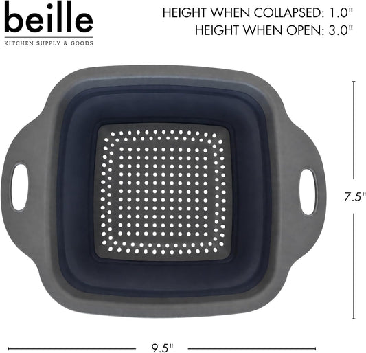 Beille 1pc Compact Collapsible Colander, Polypropylene Small Kitchen Pasta Strainer with Side Handles for Small Portions, 9.75 x 7.75 Inches (Dark Grey and Blue)