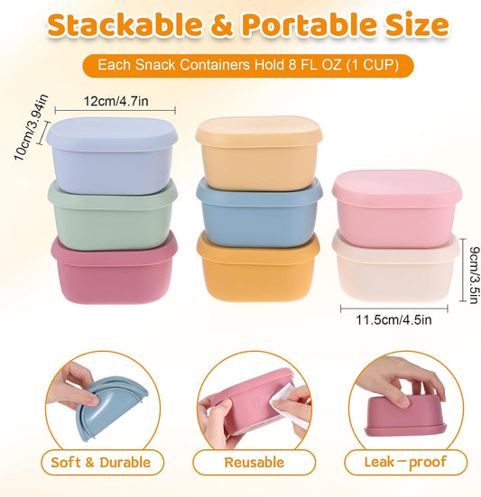 8 PCS 10 oz Silicone Snack Containers, Reusable Small Snack Container with Lids, Leak Proof Fruit Container for Lunch Food Storage Containers, Stackable for Meal Prep, Fruit, Freezer, Colorful