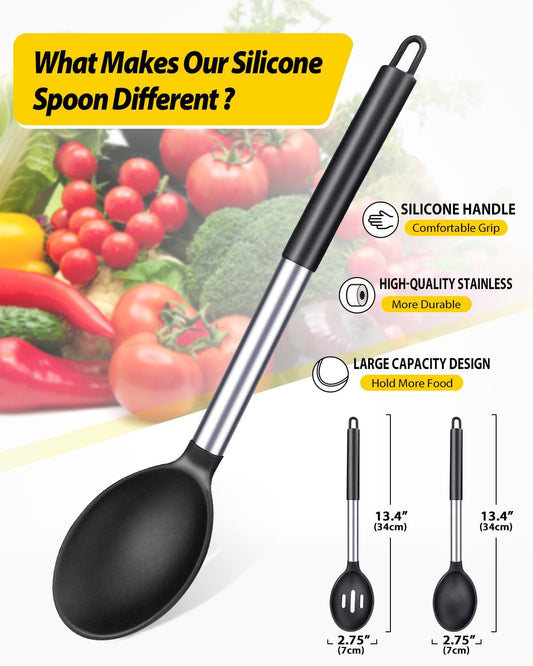 BUNDLEPRO Silicone Cooking Spoons for Nonstick Cookware, 2 Pack, Black