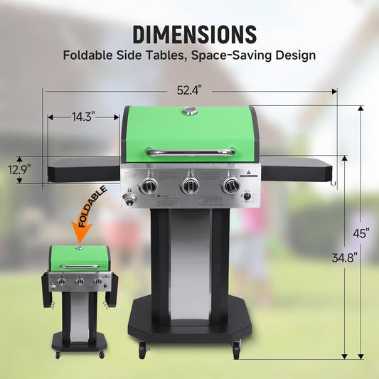 Redlife 3 Burner Propane Gas Grill, 30,000 BTU Outdoor BBQ Grill with Cast Iron Cooking Grates, Stainless Steel Warming Rack, Built-in Thermometer, Side Shelves, Removable Grease Tray, Yellow
