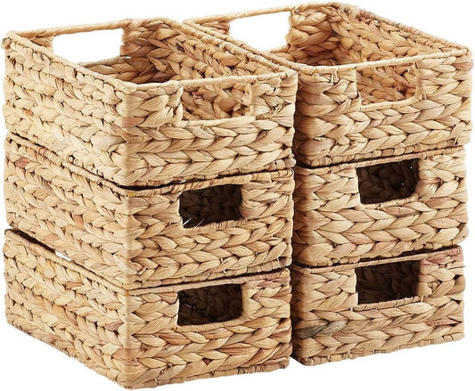 3-Pack Woven Water Hyacinth Baskets with Handles, Decorative Natural Storage Organizers for Closet Shelves, Pantry Essentials, Bathroom Accessories & Home Organization, X-Small, 7.5 x 10.75 x 4 Inches