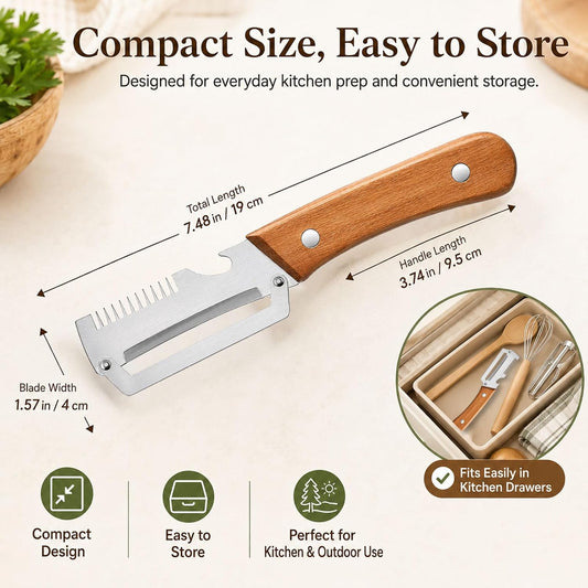 2026 upgrade 3-in-1 Vegetable Peeler with Wooden Handle, Stainless Steel Julienne Peeler and Scallion Shredder with Bottle Opener, Multi-Function Kitchen Peeler for Everyday Prep(1PCS)