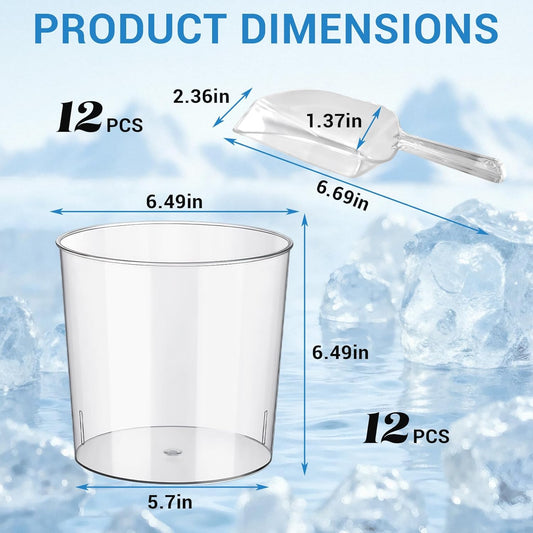 Garvee 6.5 in Clear Plastic Ice Bucket – Multi-Purpose Wine/Champagne/Beer Cooler, Snack Tub, Kettle Corn Bowl, Vase – BPA-Free, Food-Grade, Durable & Stylish (12-Pack with Ice Tongs)