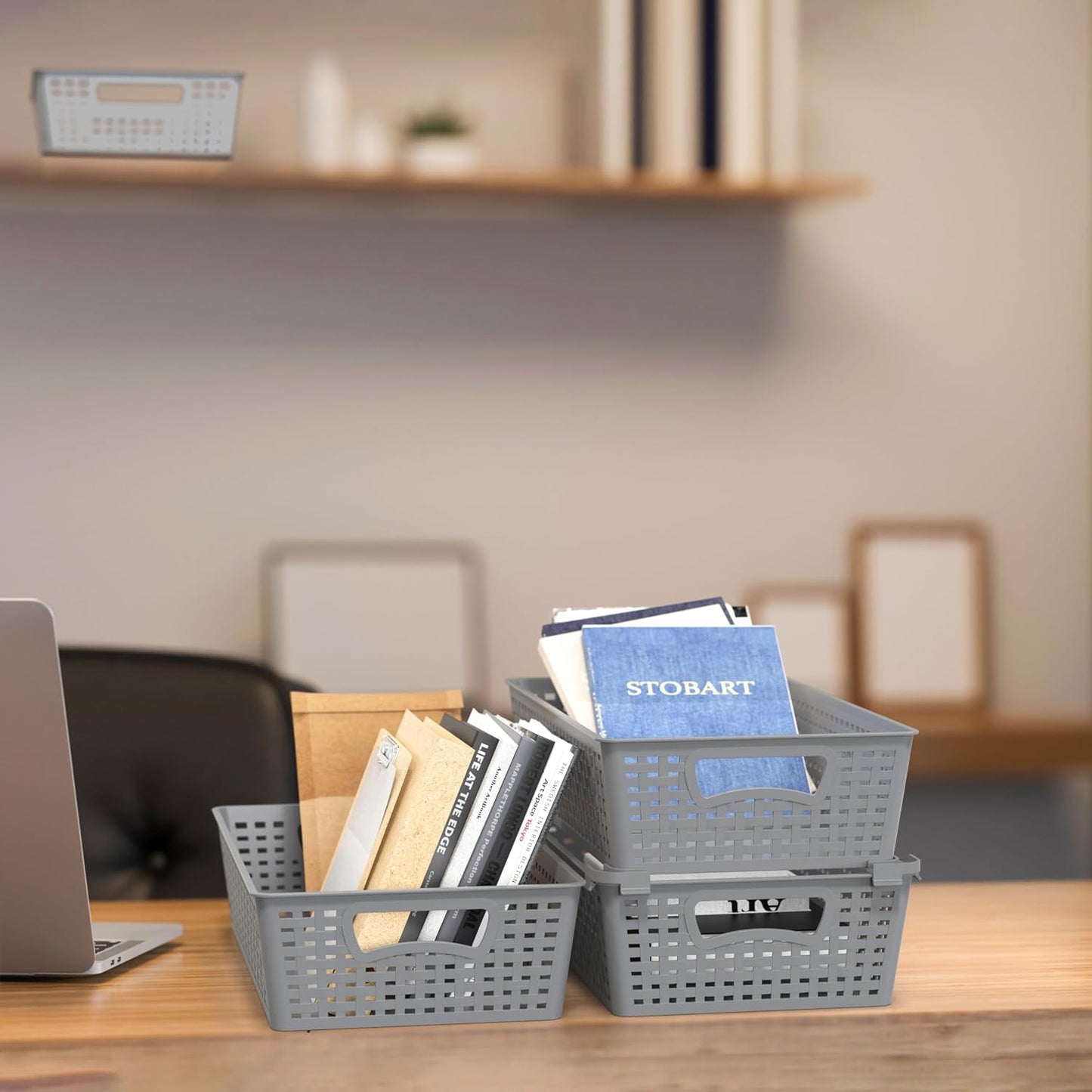 Simple Houseware Stackable Plastic Woven Basket Organizer, 6 Pack, White | 14.5" D x 8.5" W x 3.5" H