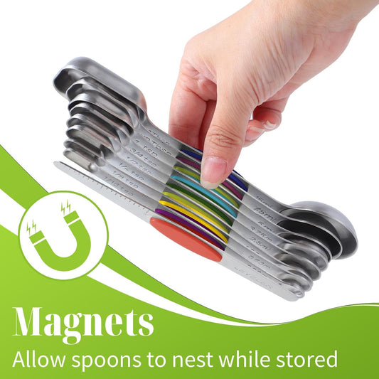 Stainless Steel Magnetic Measuring Spoons Set of 8, 7 Nesting Magnetic Measuring Spoons, 1 Leveler, Dual Sided, Durable Stainless Steel Metal