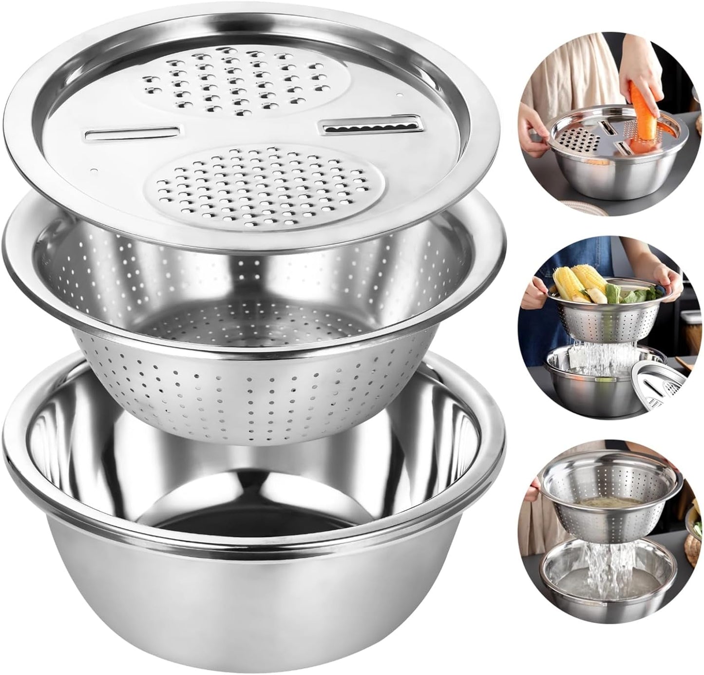 Multifunctional Stainless Steel Basin with Grater, 11 Inch Salad Maker Bowl, Vegetable Slicer Shredder Colander, Stainless Steel Grater Bowl Set for Kitchen