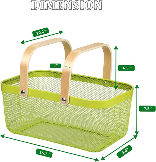 Coloful Metal Mesh Wire Basket with Foldable Wooden Handle,Bin Garden Fruit Vegetable Storage Hanging Harvest Holder for Kitchen Bathroom Picnic (Yellowish Green, Cuboid-15.7 x 9.5 x 7.2“)