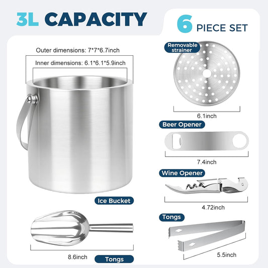 Ice Buckets for Parties 3L (101 fl oz) - 6PC Stainless Steel Ice Bucket with Lid, Scoop, Tongs & Beer Wine Opener – Double-Wall Insulated Bar Ice Bucket for Cocktail Bar & Outdoor Events