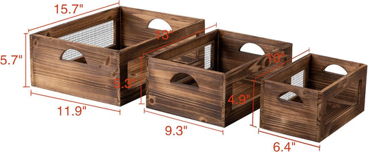 Rustic Wooden Crates for Storage Set of 3, Decorative Storage Containers with Metal Wire, Wood Crates for Farmers Market Display, Farmhouse Wood Storage Boxes for Kitchen Countertop Decor