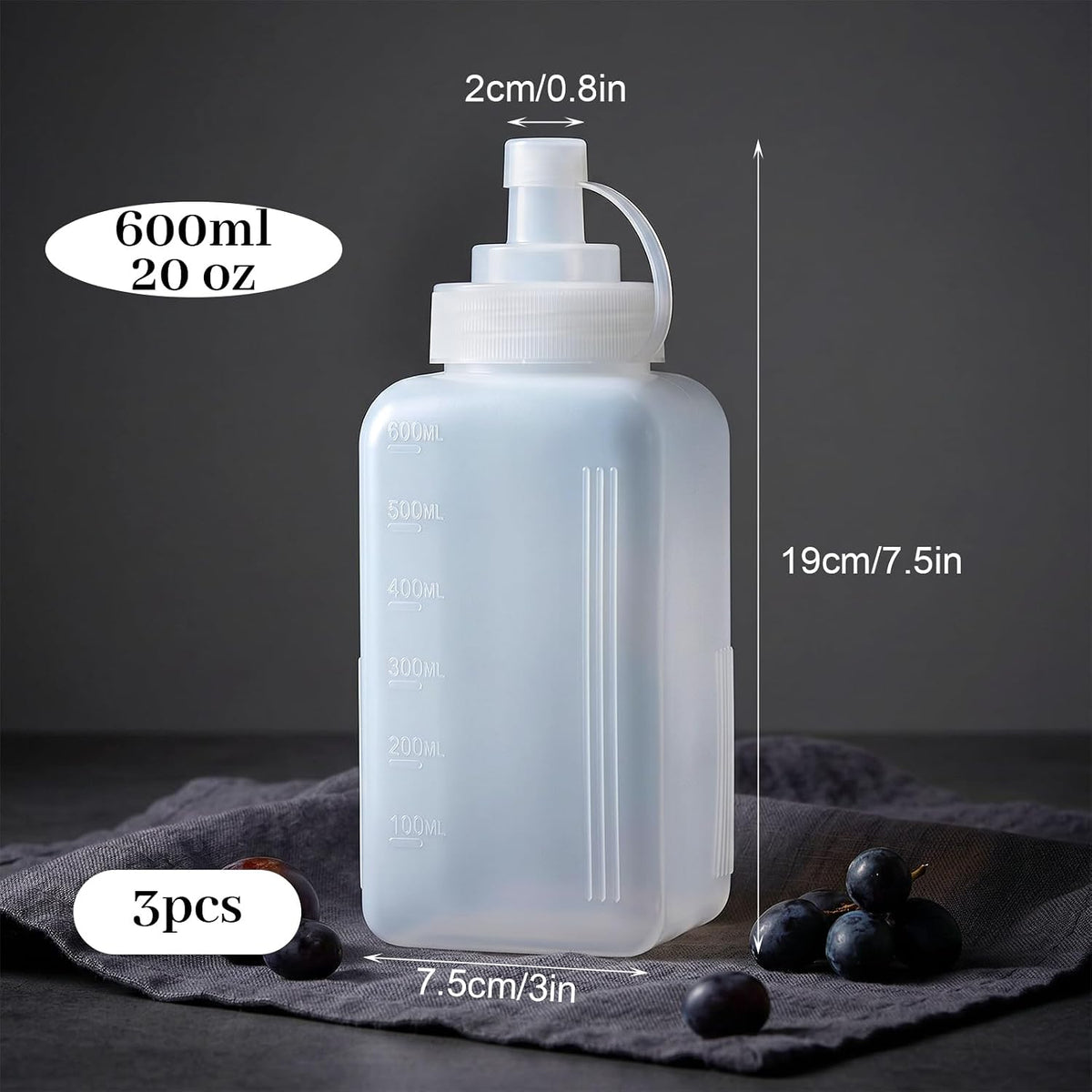 Large Squeeze Bottles for Sauces, 600ML/20oz Wide Mouth Salsa Dispenser Bottle with Lid, Square Condiment Squeeze Bottles for Mayo BBQ Tomato Salad Sauce Spaghetti Pasta Sauce Bottle