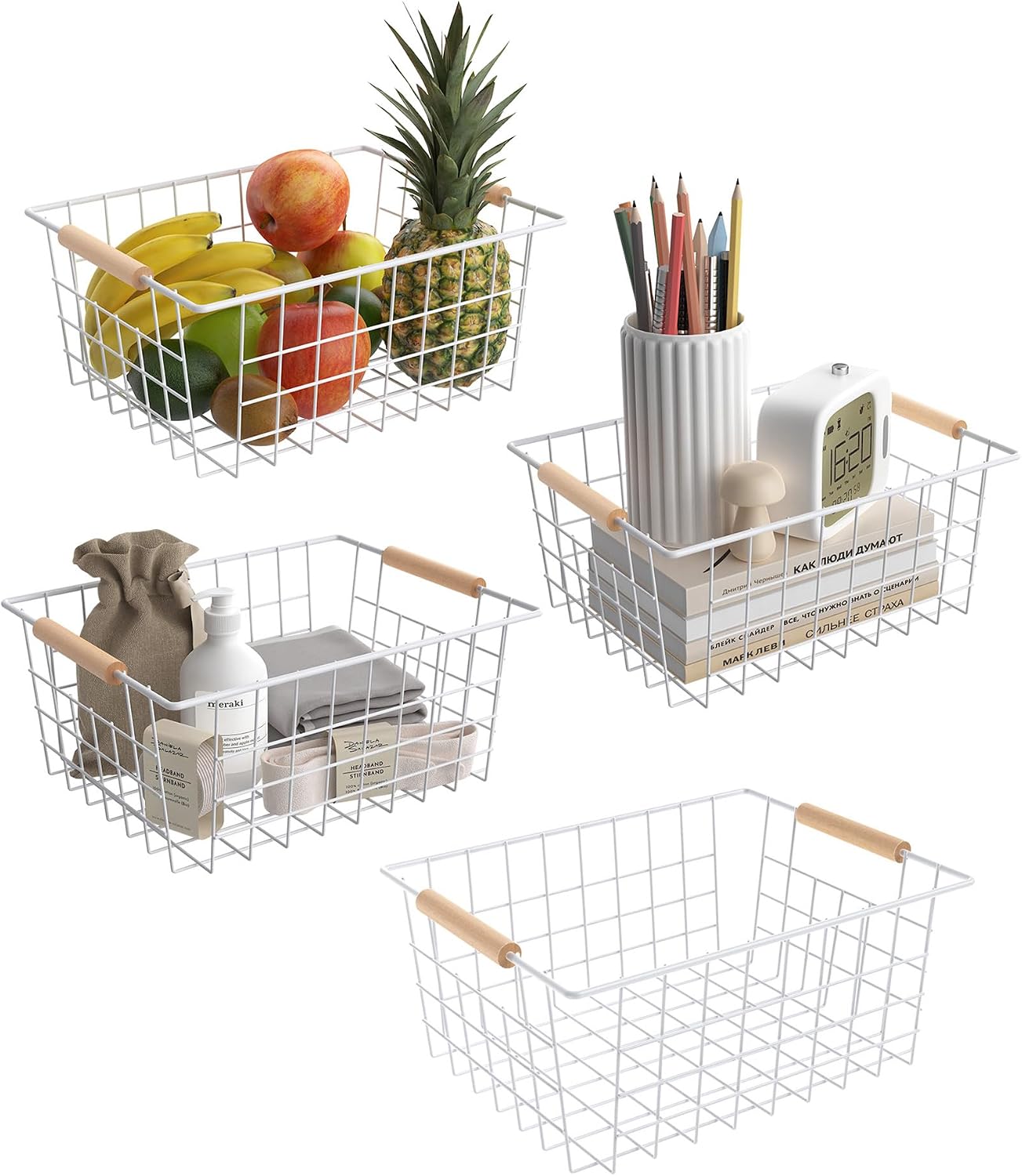 Wire Basket with Wooden Handle, Metal Utility Storage Basket for Organizing Kitchen Pantry Cabinets, Closet and Garage Shelves Drawers, Office Metal Basket Storage Organizer with Handle (Black 4 Pack)