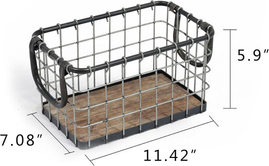 11.5" Wide Rectangular Sturdy Hand Welded Farmhouse Metal Wire Basket with Rustic Wooden Bottom For Shelves, Closet Storage Bins for Shelves. Also For Laundry, Towel, Spice Rack, Tool Box (11.5"x7")