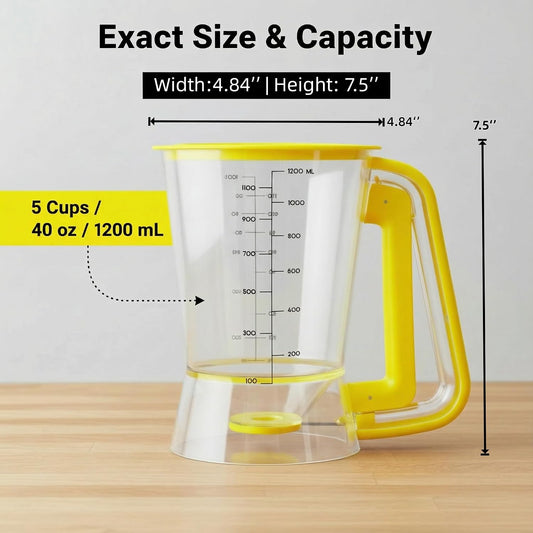 Pancake Batter Dispenser 5-Cup Batter Pourer for Maker Pancakes, Waffles, Crepes, Muffins, Cupcakes, Easy Squeeze Grip Handle with Proof Nozzle, Precise Baking Tools(Yellow)