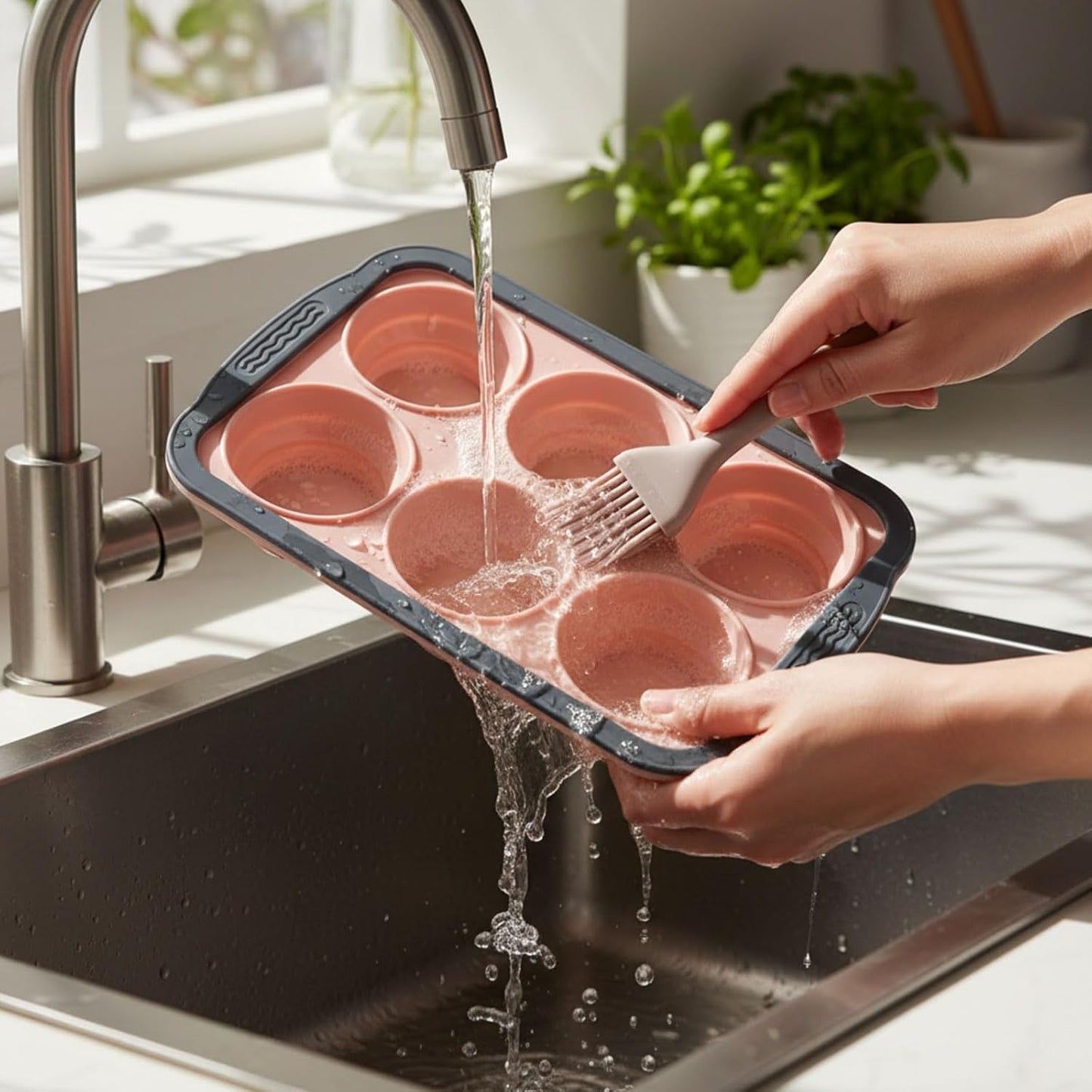 2 Pack Silicone Muffin Pan for Baking with Metal Frame, Collapsible 6 Cup Cupcake Baking Tray, Nonstick Bpa Free Silicone Muffin Tins for Oven, Dishwasher Safe Foldable Cupcake Molds (Pink)