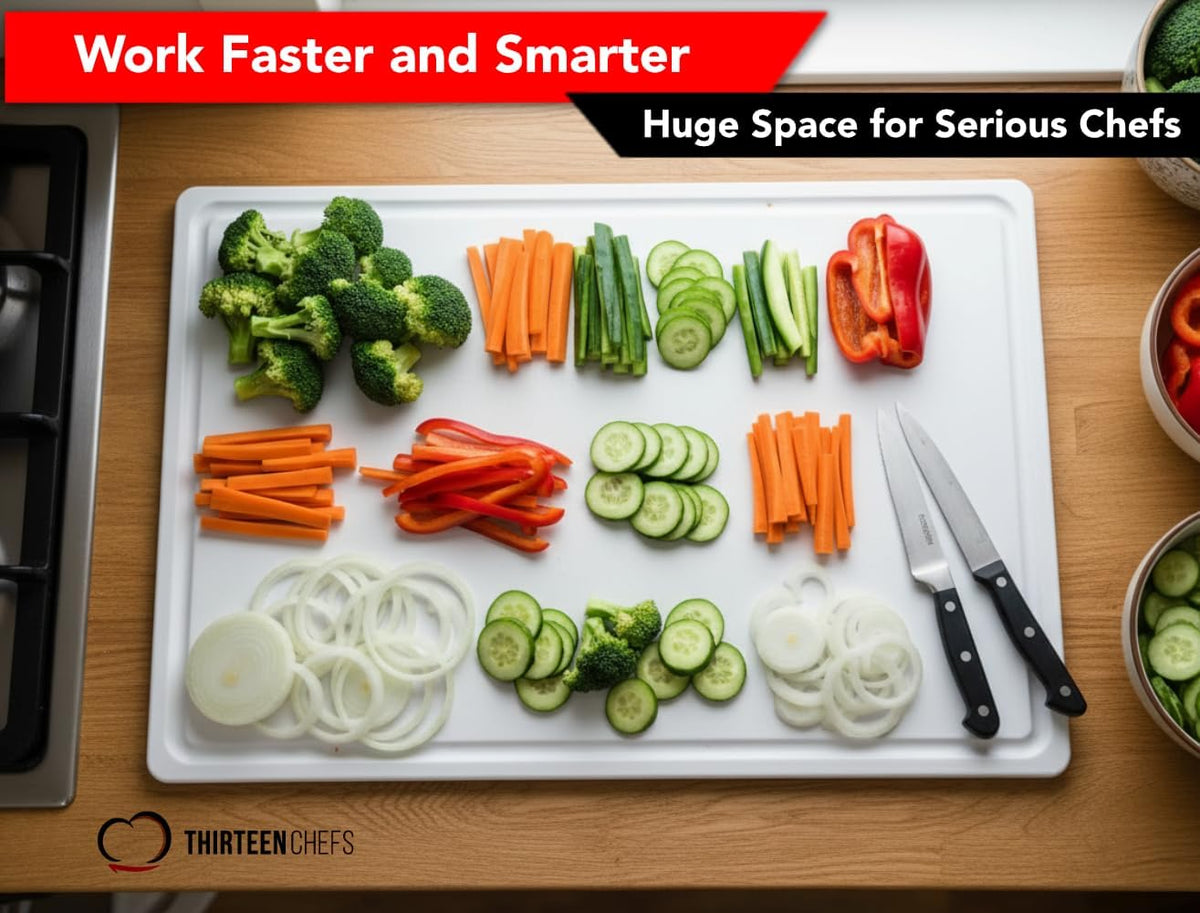 Thirteen Chefs 18x12 White Cutting Board with Groove, 1/2" Thick Plastic