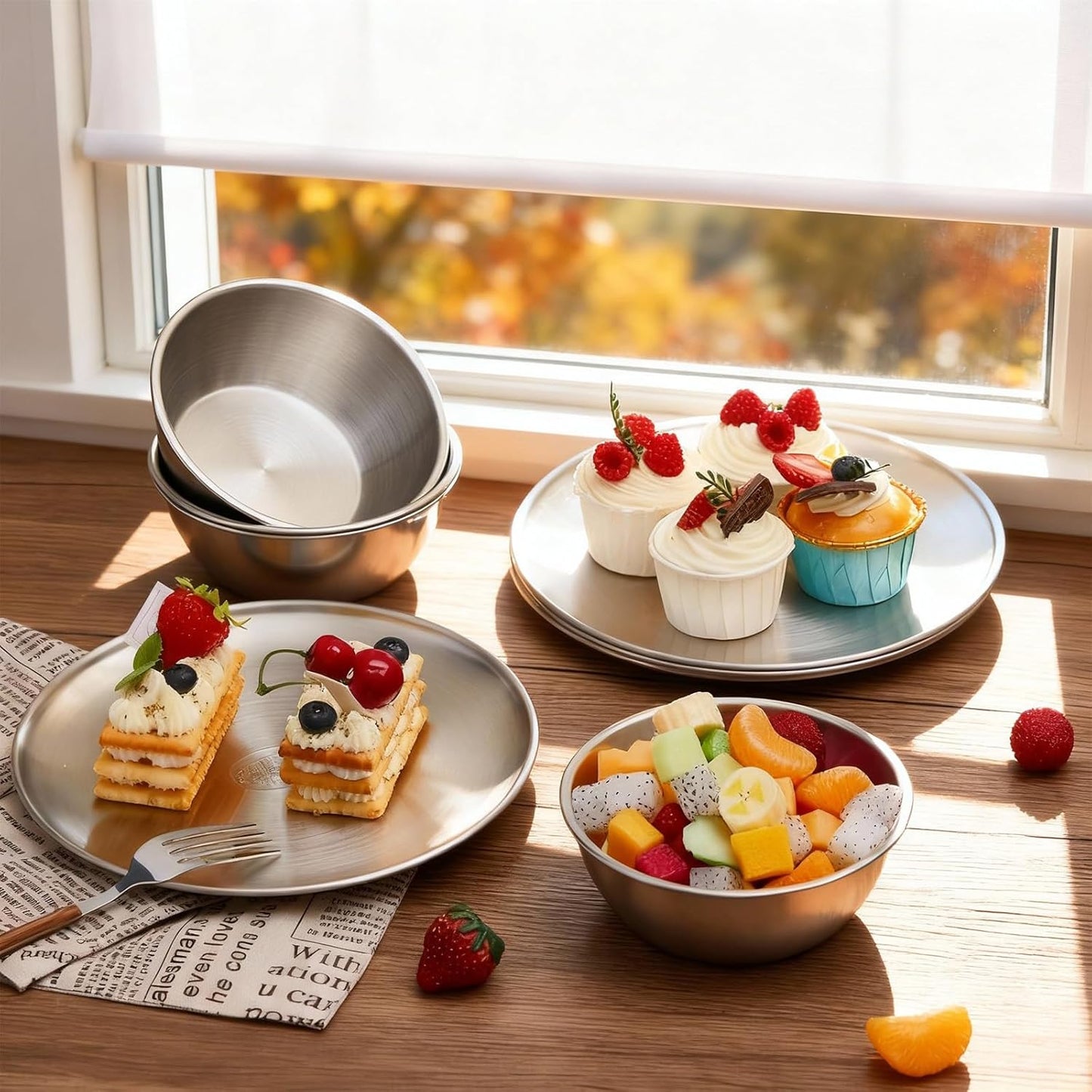 304 Stainless Steel Plates and Bowls Sets - 9 Inch Metal Camping Plates Reusable 20oz Steel Snack Bowls Feeding Serving Dinner Dishes for Adult Girls Boys