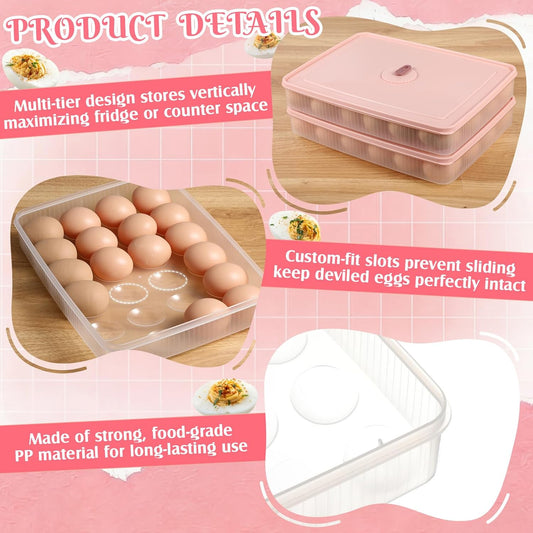 2 Pack Deviled Egg Container with Lid and Piping Bags and Tips Set Portable Plastic Deviled Egg Tray Carrier Organizer Reusable Cake Decorating Kit for Home Easter Party Kitchen Fridge