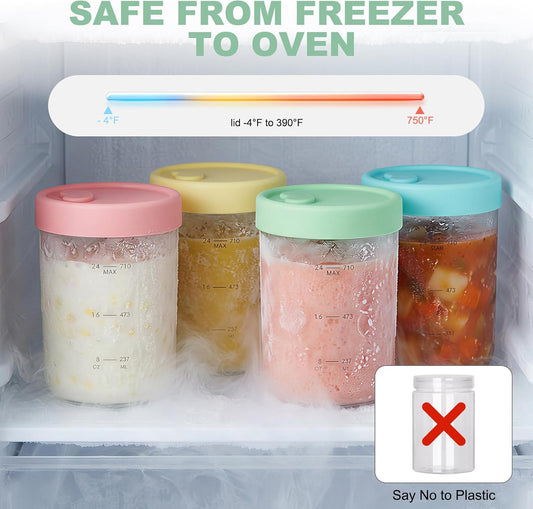 4-Pack Glass Soup Freezer Containers with Vented Silicone Lids, 24oz High Borosilicate Meal Prep Jars, Leakproof Microwave and Dishwasher Safe Food Storage Set for Stew, Sauce, Home and Office
