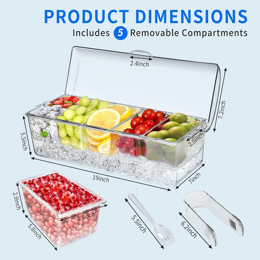 Large Ice Chilled Condiment Caddy,Chilled Condiment Containers Server with Lids for 5 Removable Compartments (2.5 cup),Serving Platters , Fruit & Garnish Tray for Party Supplies & Bar Accessories