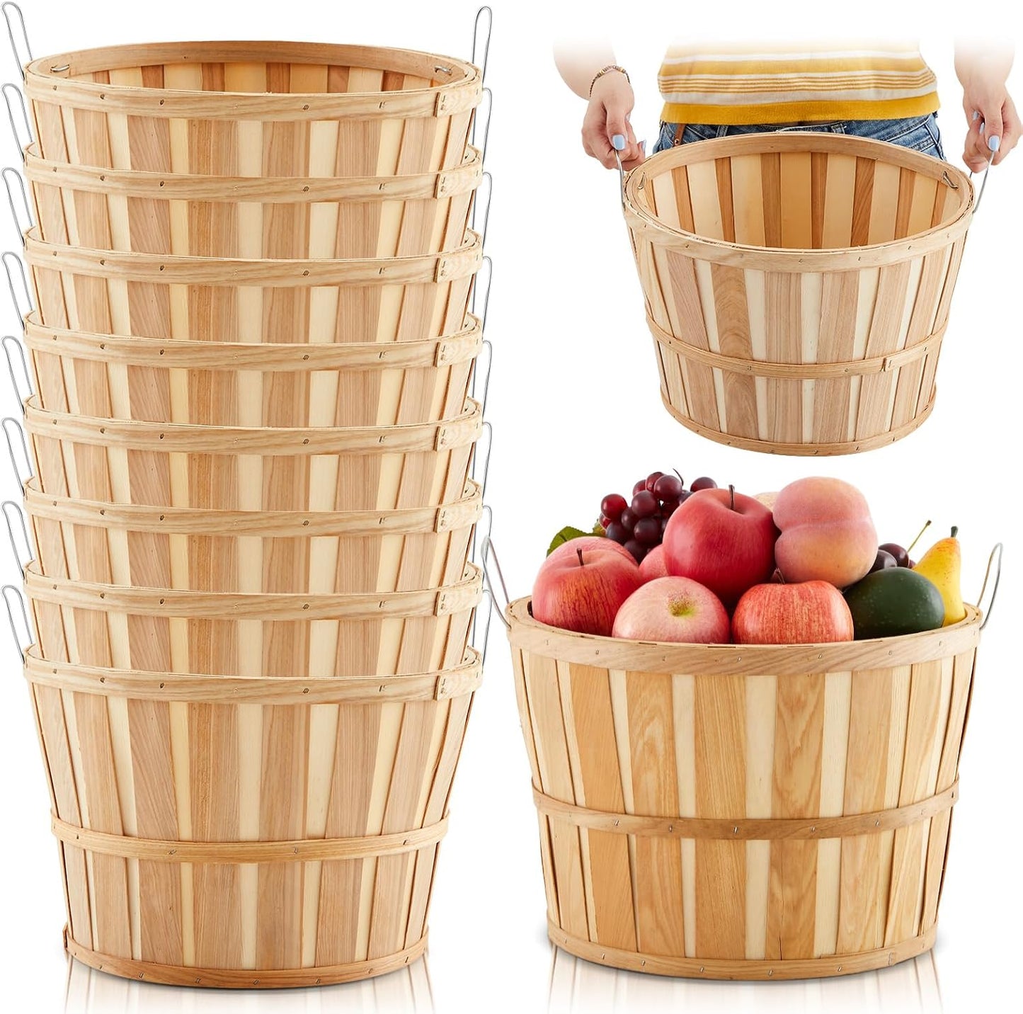 Marsui 6 Pcs Jumbo Half Bushel Baskets, 14 x 9.5 Inch Large Round Wooden Apple Basket with Handles Handcrafted Produce for Farmers Market Harvest Fruit Plants or Commercial Use