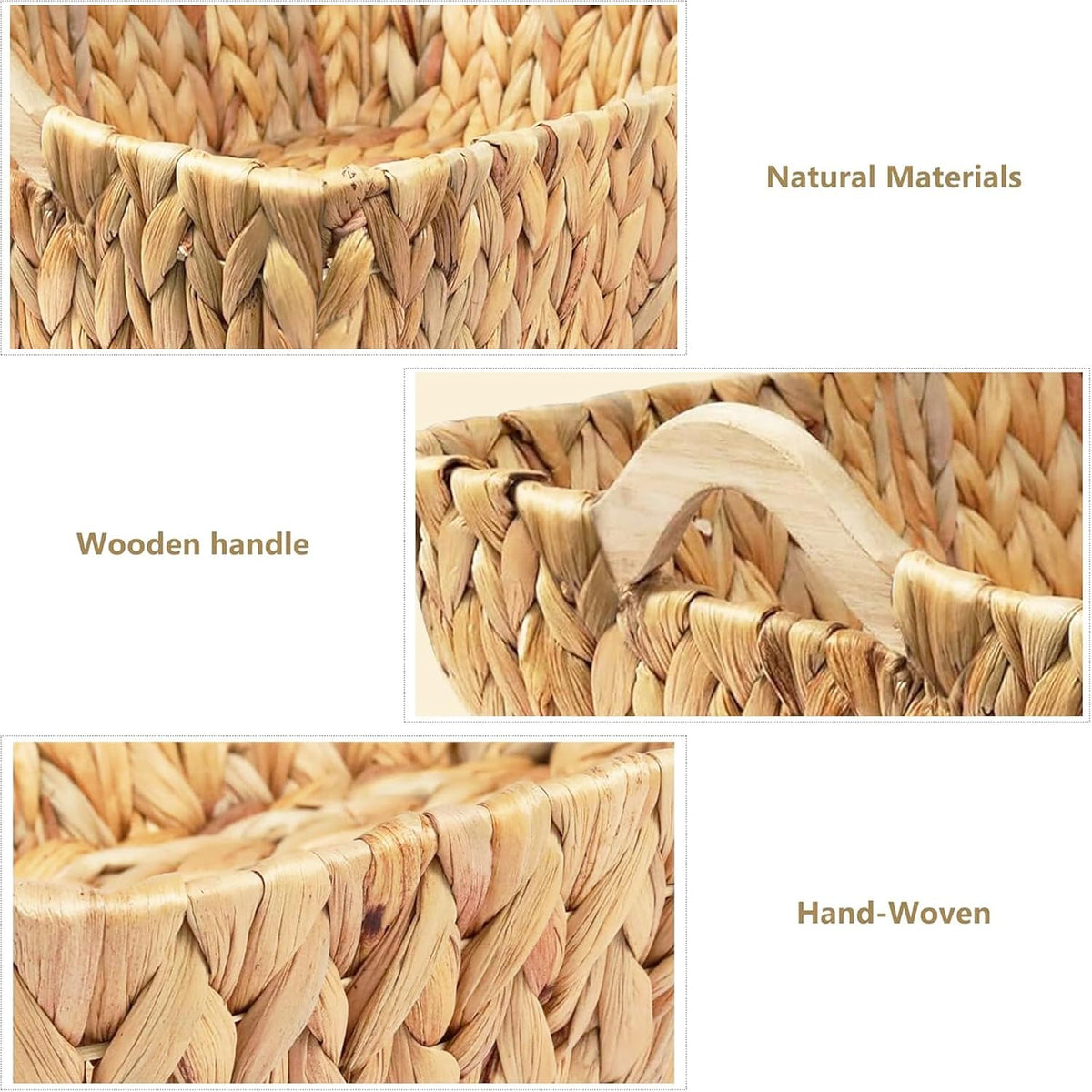 Woven Storage Baskets for Shelves (2-Pack), Handwoven Water Hyacinth Decorative Wicker Baskets with Wooden Handles for Pantry, Bathroom & Closet Organization (14.6" x 9.8" x 4.3")