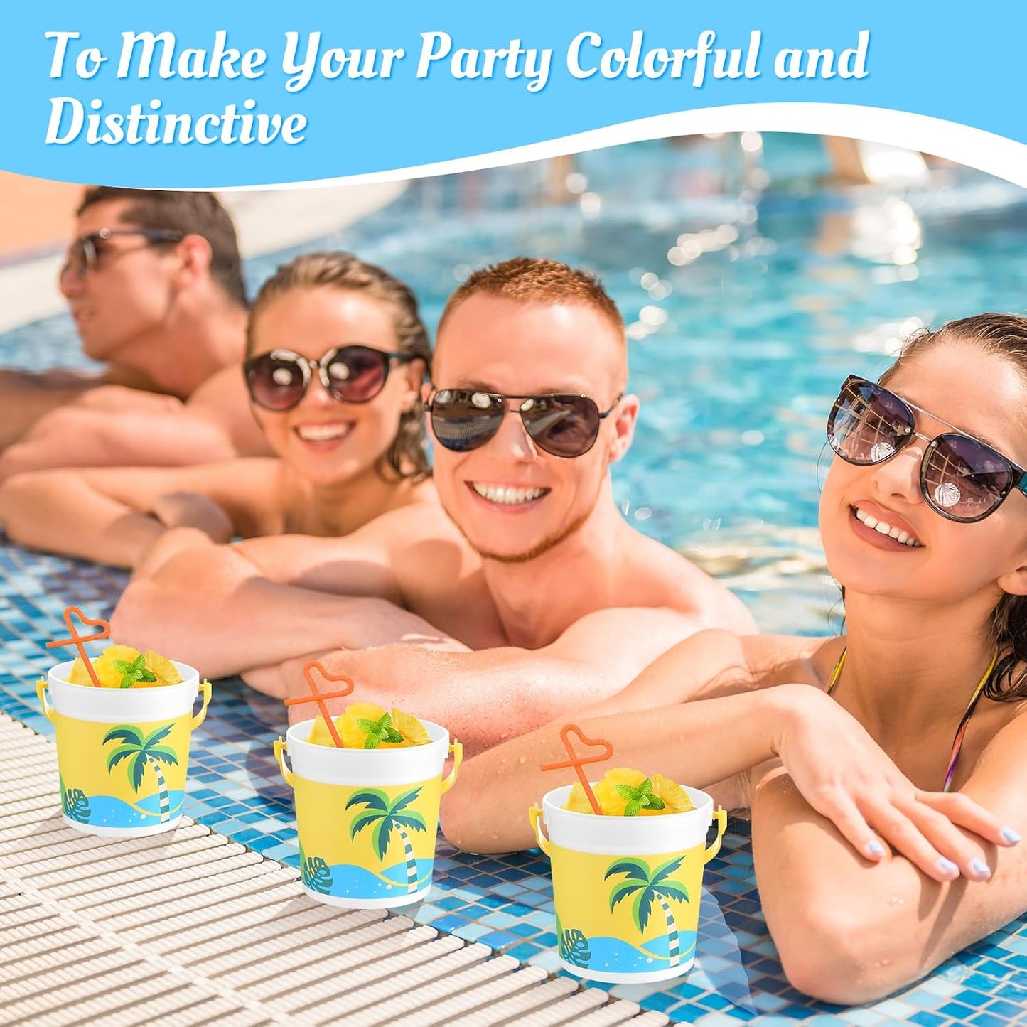 20 Pcs 32 oz Plastic Cocktail Rum Buckets with Handles for Drinks with 100 Colorful Straws Reusable Portable Drink Buckets for Beach Summer Bar Parties
