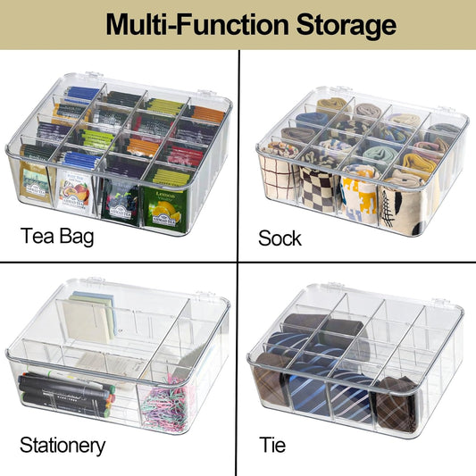 ZEXALOR Socks Underwear Drawer Organzier Dividers, 16 Compartment Removable Divided Plastic Storage Bin with Lid, Storage Organizer for Scarves Ties Bras, Clear Dresser Drawer Organizers