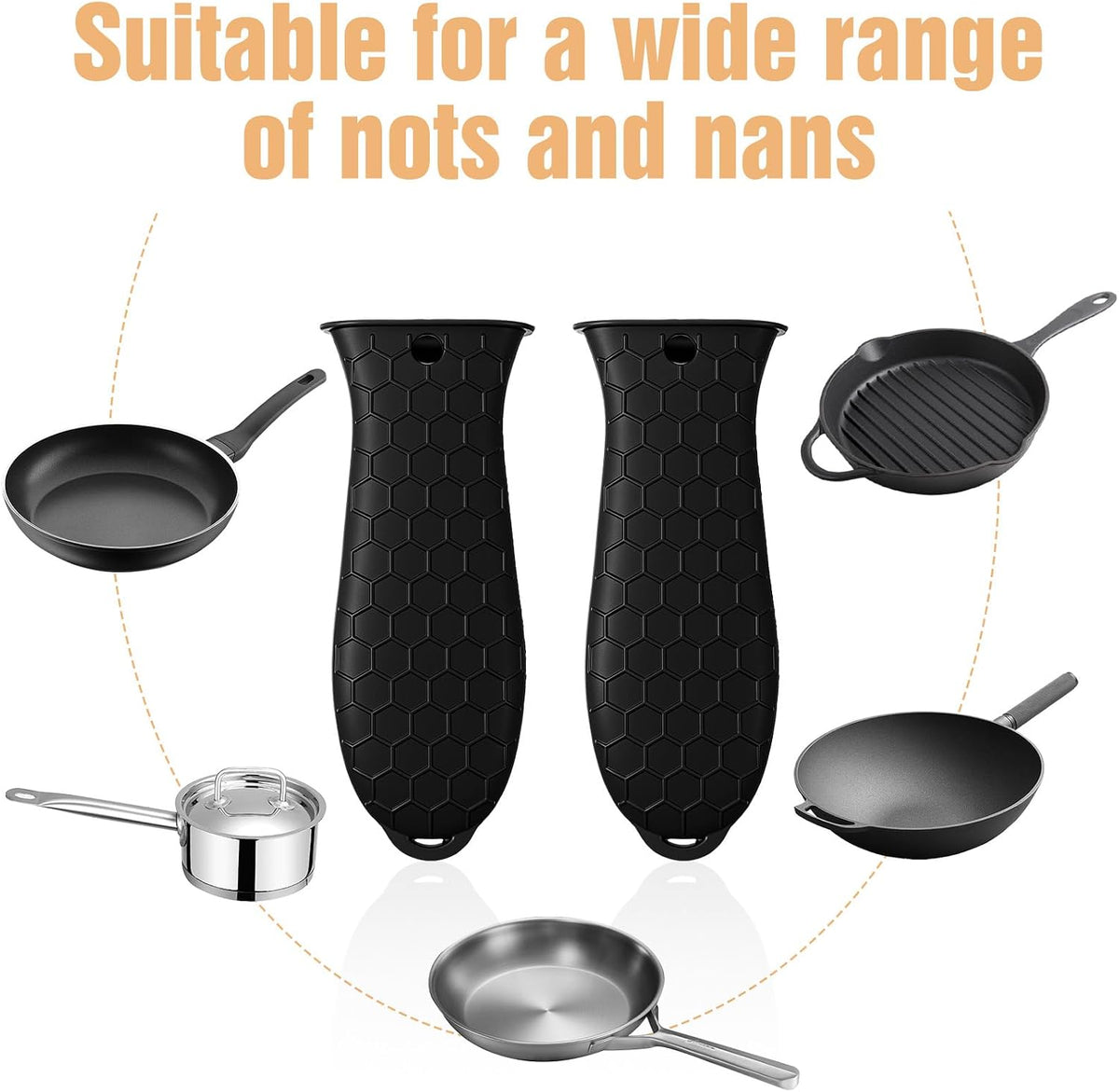 2Pcs Silicone Pot Holders Set Cast Iron Pan Handle Covers, Heat Resistant Pot Handle Sleeve Reusable Non-Slip Handles Protectors for Cast Iron Pots, Woks, Frying Pans, Griddles, Skillets, Oven(Black)
