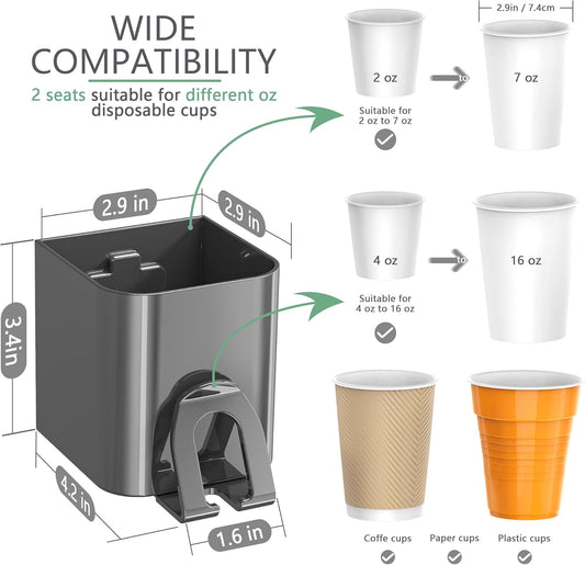 Cup Dispenser 2 Seats, Holder for 2-16 OZ Paper & Plastic Disposable Cups, Adhesive Cup Dispenser Wall Mount for Water Cooler, Coffee Station, Office, Bathroom, Wall (Dark Gray)