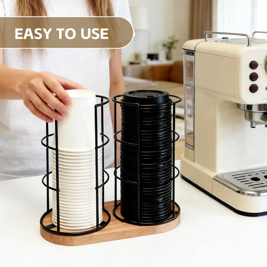 Metal 2-Compartment Coffee Cup Dispenser with Wood Base, Disposable Cup, and Lid Organizer for Countertop, Suitable for Gyms, Offices, Kitchens, Cafes(Black)