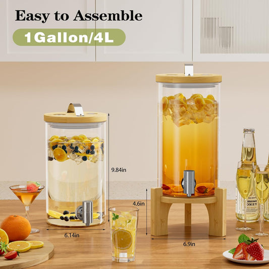 1 Gallon Glass Drink Dispenser For Parties, Beverage Dispenser With Bamboo Wood Stand And Stainless Steel Spigot, Countertop Water Dispenser, Lemonade Dispenser For Wedding, Picnic (1PACK)
