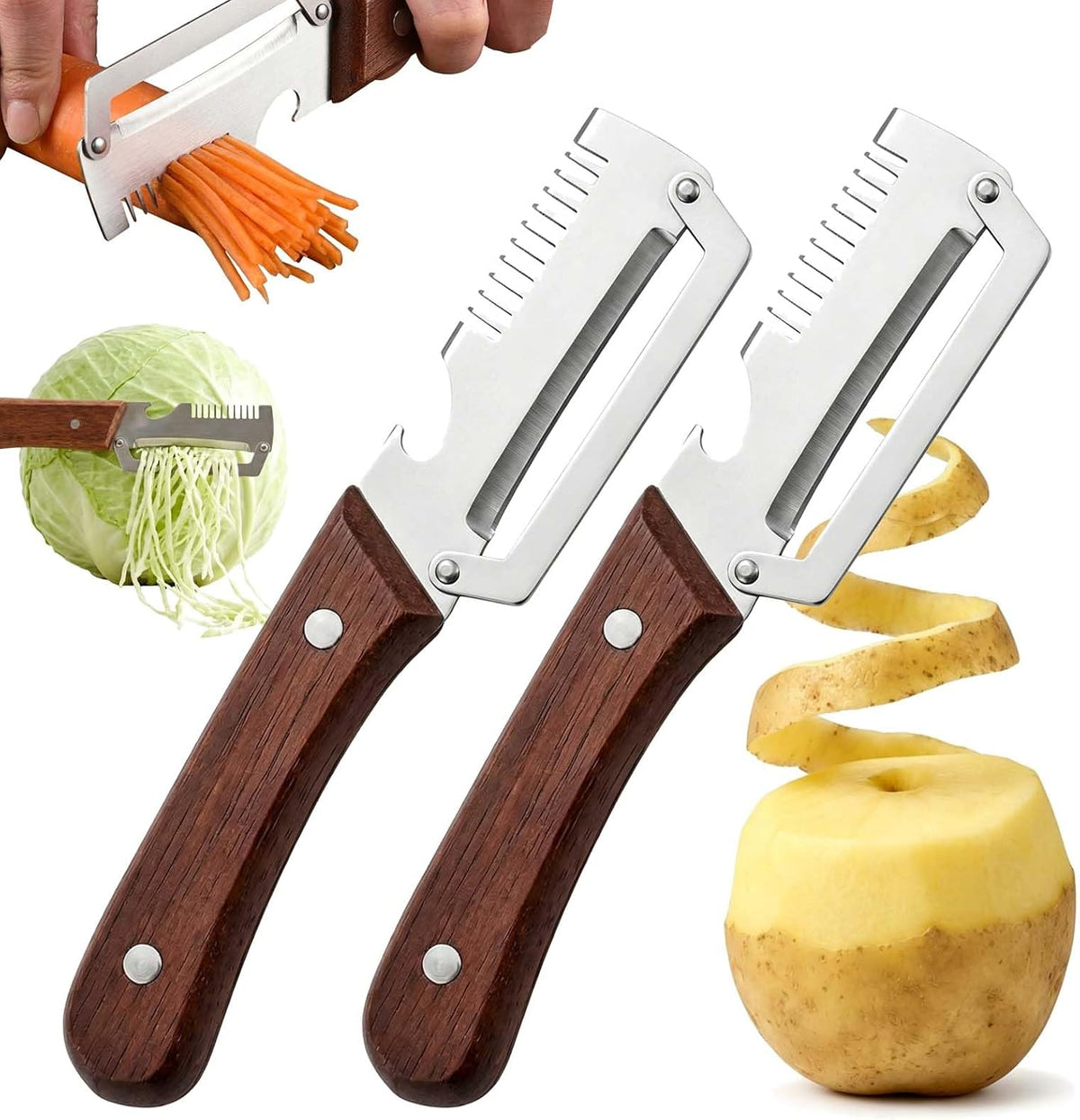 3 in 1 Multifunctional Vegetable Peeler with Julienne & Bottle Opener, German High-Carbon Stainless Steel Blade, Ergonomic Non-Slip Wooden Handle, Handheld Peeler Slicer for Fruits & Vegetables(1PCS)