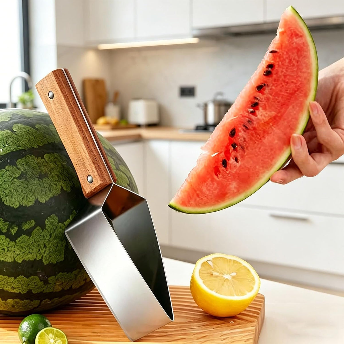 3 Pcs Watermelon Slicer Cutter Tool Set, 2 Dual Head Watermelon Fork Slicer & 1 Wooden Handle Triangle Watermelon Knife for Melon & Cantaloupe, Summer Fruit Cutting Kitchen Gadgets