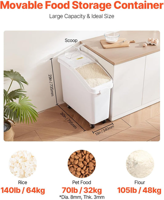 VEVOR 27 Gallon food storage containers 500 Cup Ingredient Bin with Scoop and Sliding Lid Commercial Food Container Ideal for rice storage, dog food container, flour, and sugar containers, White
