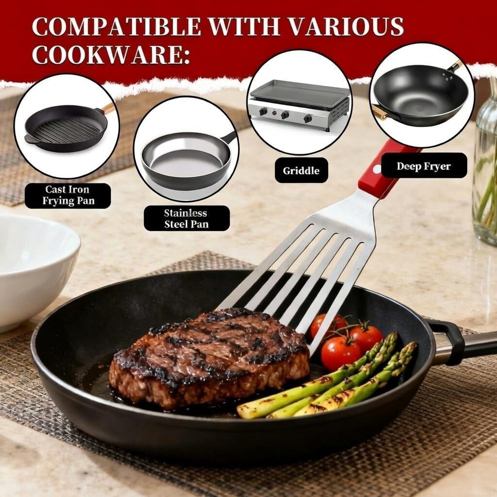 GRILLGEN Fish Spatula Stainless Steel -12.4" Metal Slotted Turner with Full Tang Red Handle, Ultra-Thin Flexible Fish Flipper for Cast Iron Skillet & Grilling, Flipping Eggs & Pancakes, Heavy Duty
