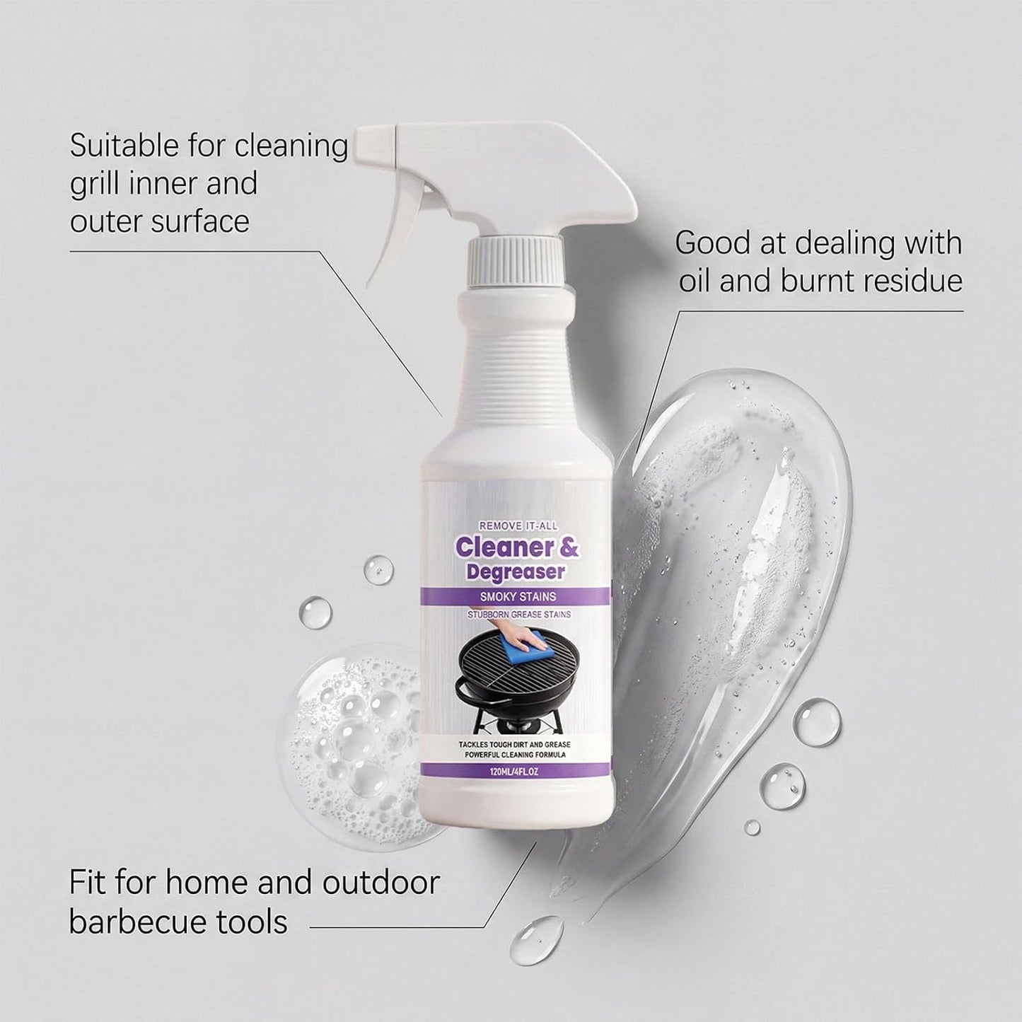 Grill Cleaner - 120ml Grill Grate Cleaner | Professional Degreaser Spray, Versatile Indoor Outdoor No Scrub Gentle Degreaser For Burnt Food Grease Grime Removal Grates Racks Pellet Burners