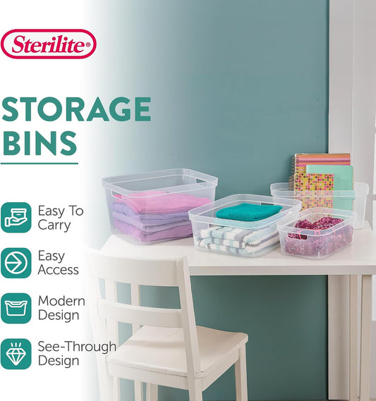 Sterilite 6.25x6.25x15 Inch Narrow Modern Storage Bin with Comfortable Carry Through Handles and Banded Rim for Household Organization, Clear (8 Pack)