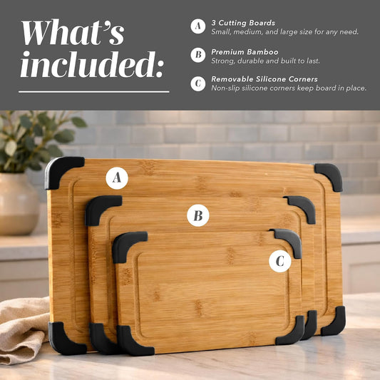 COOK WITH COLOR Non-Slip Cutting Board Set – Kitchen Essentials with Easy Grip Handle for Meat, Veggies, and Fruits, 3 Cutting Boards, Bamboo Non-Slip Grey