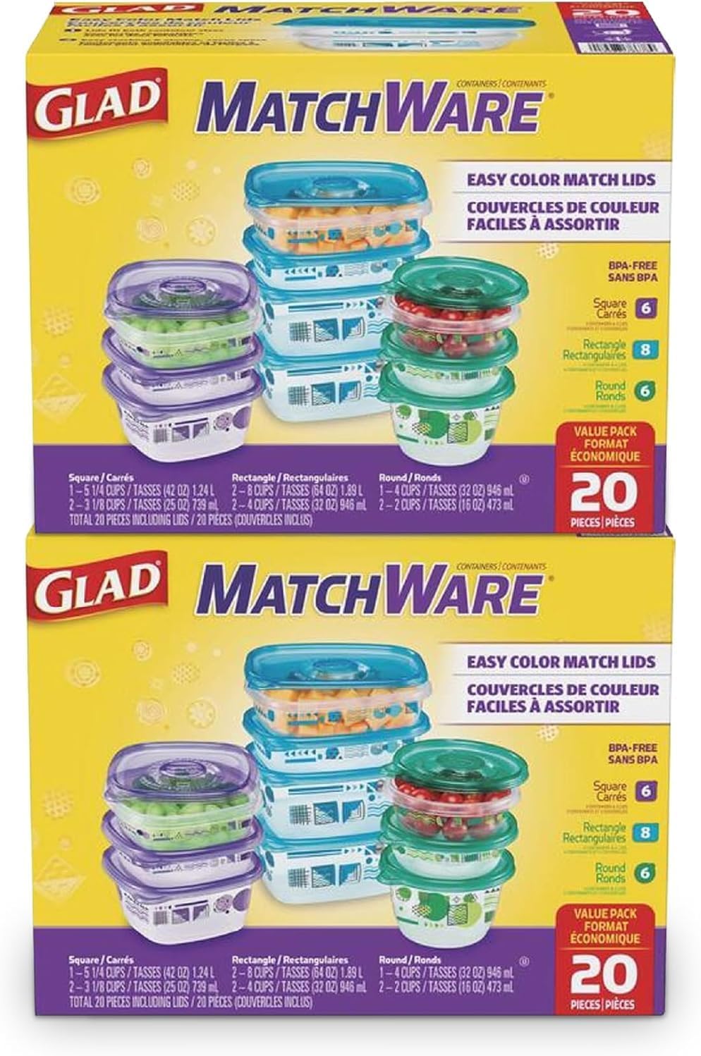 Glad GladWare MatchWare Food Storage Containers with Lids, BPA Free Reusable Plastic 20 Piece Variety Pack for Lunches, Meal Prep, and Leftovers, Leak Resistant, Microwave and Dishwasher Safe