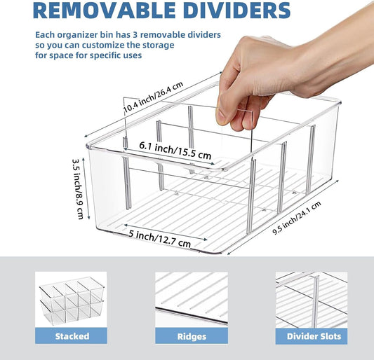 4PCS Food Storage Organizer Bins Clear Plastic Removable Snack Organizer Pantry Organization Storage Racks with Removable Divider,Perfect for Kitchen,Fridge,Cabinet,Bathroom Organization