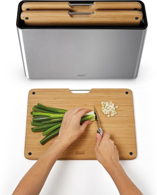 Joseph Joseph Folio 4-Piece Colour coded Cutting Board Set, Stainless Steel Slimline case for organized Kitchen storage, Black