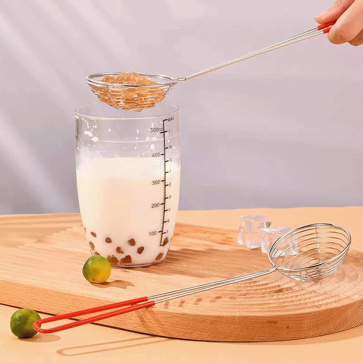 Hot Pot Strainer Spoons, Skimmer Slotted Scoop for Boba Pearls, Stainless Steel Spider Strainer with Handle, Mini Wire Mesh Colander for Cooking (2.5inch, Red)