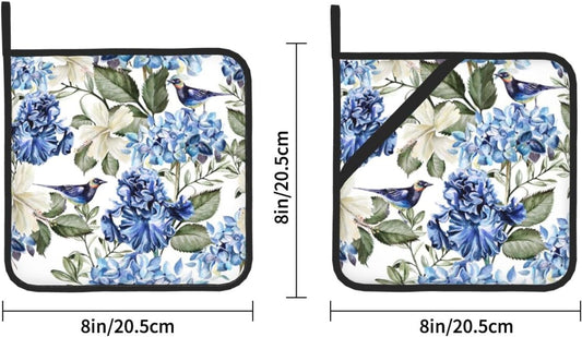 Blue Hydrangea Flowers Bird Pot Holder Set of 2,Heat Resistant Potholders Oven Hot Pads for Kitchen Cooking Baking BBQ