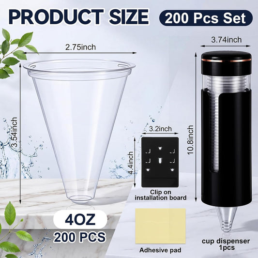 Roshtia 200 Pcs 4 oz Plastic Cone Cups with Pull Type Wall Mounted Dispenser, Thicken Disposable Water Cooler Cups Commercial Water Cup Dispenser for Office, Dental Clinic, Bathroom, Gym, School