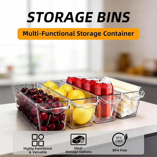 8 Pack Slim Storage Bins, BPA Free Clear Plastic Organizer Bins with Handles, Narrow Refrigerator & Pantry Organization Containers for Kitchen, Bathroom, Cabinet, Home & Office Declutter