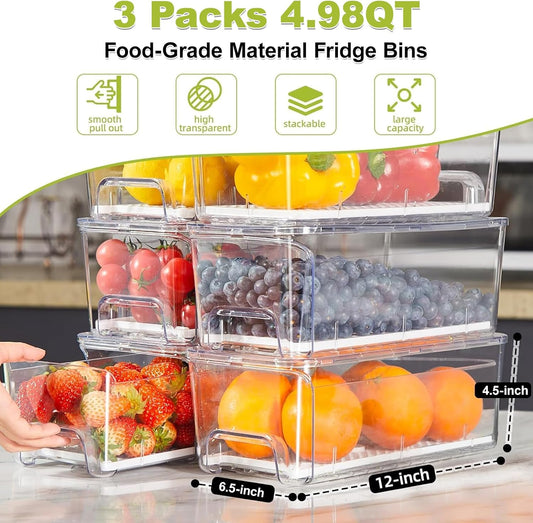 Fruit Storage Container for Fridge with Pull-Out Drawer, Drain Layer | 3 Pack, Keeps Fruits and Vegetables Fresh & Dry, Stackable Design, Clear View, Helps Reduce Odors, with Anti-Slip Base