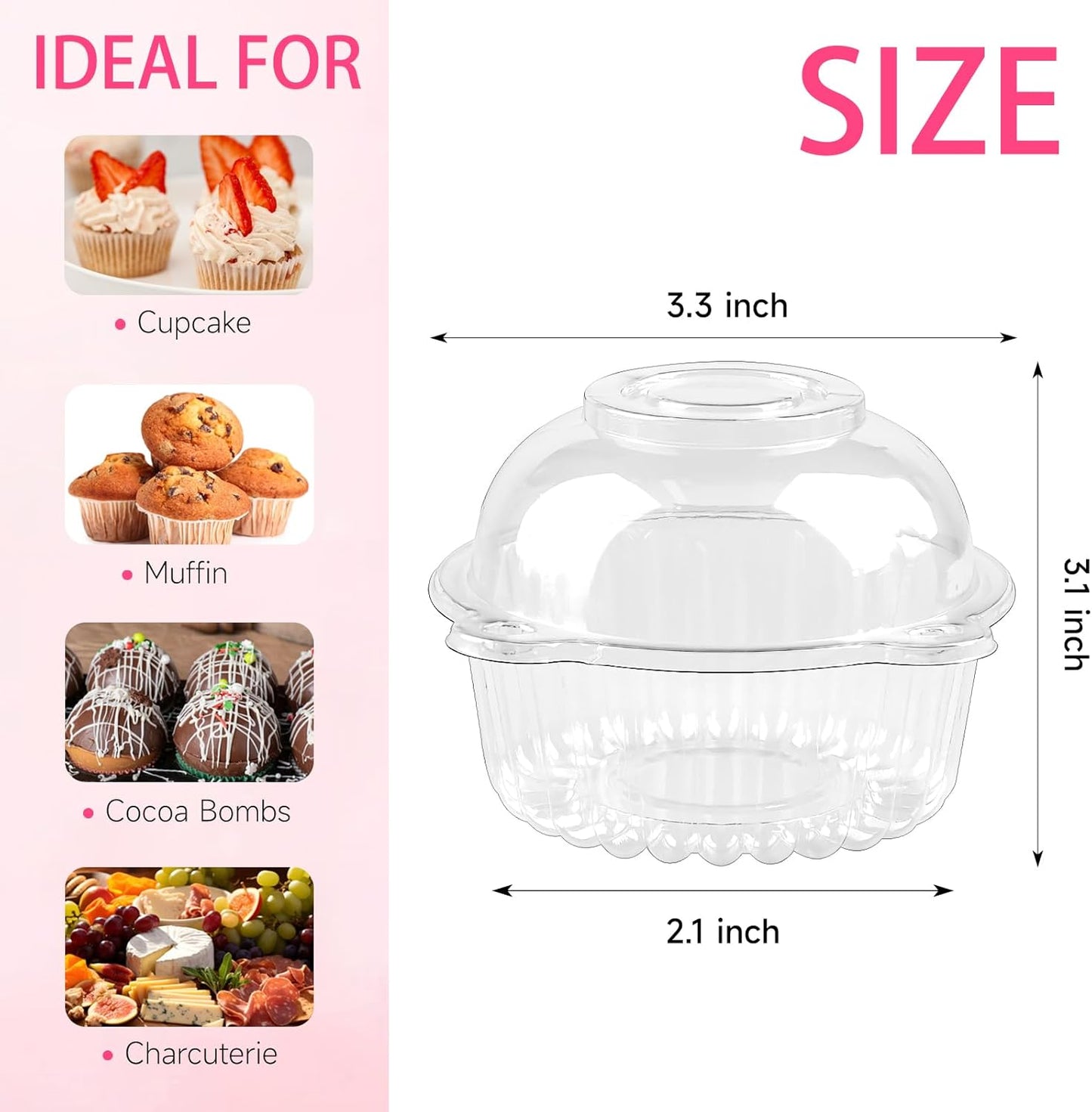 Zezzxu 100 Pack Individual Cupcake Containers, Clear Plastic Cupcake Holders with Dome Lids, Single Cupcake Carriers for Cupcakes, Hot Cocoa Bombs, Muffins, Pastries