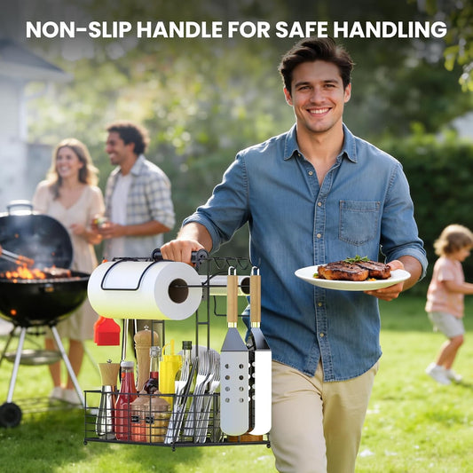 Grill Caddy for Outdoor Grill with 2 Paper Towel Holders,Barbecue Tool Sets Storage Organizer,BBQ Caddy for Outdoor Grill with 9 Compartments & 8 Hooks,Picnic Caddy Grilling Gifts for Men