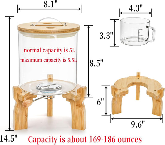 Goaste Glass Rice Dispenser with Bamboo Stand, 5L Flour Cereal Container with Airtight Lid, 8 Lbs Large Grain Food Storage Bucket, Countertop Beans Storage Tank with Measuring Cup & Valve for Dry Food